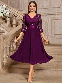 MIUSOL Elegant V-Neck Sequin Floral Lace Ruched Chiffon 3/4 Sleeve Evening Party Long Dress
