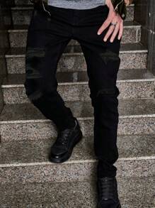Men's Black Classic Skinny Slim Fit Jeans, Stretchy Ripped Black Denim Pants - Black - View 1