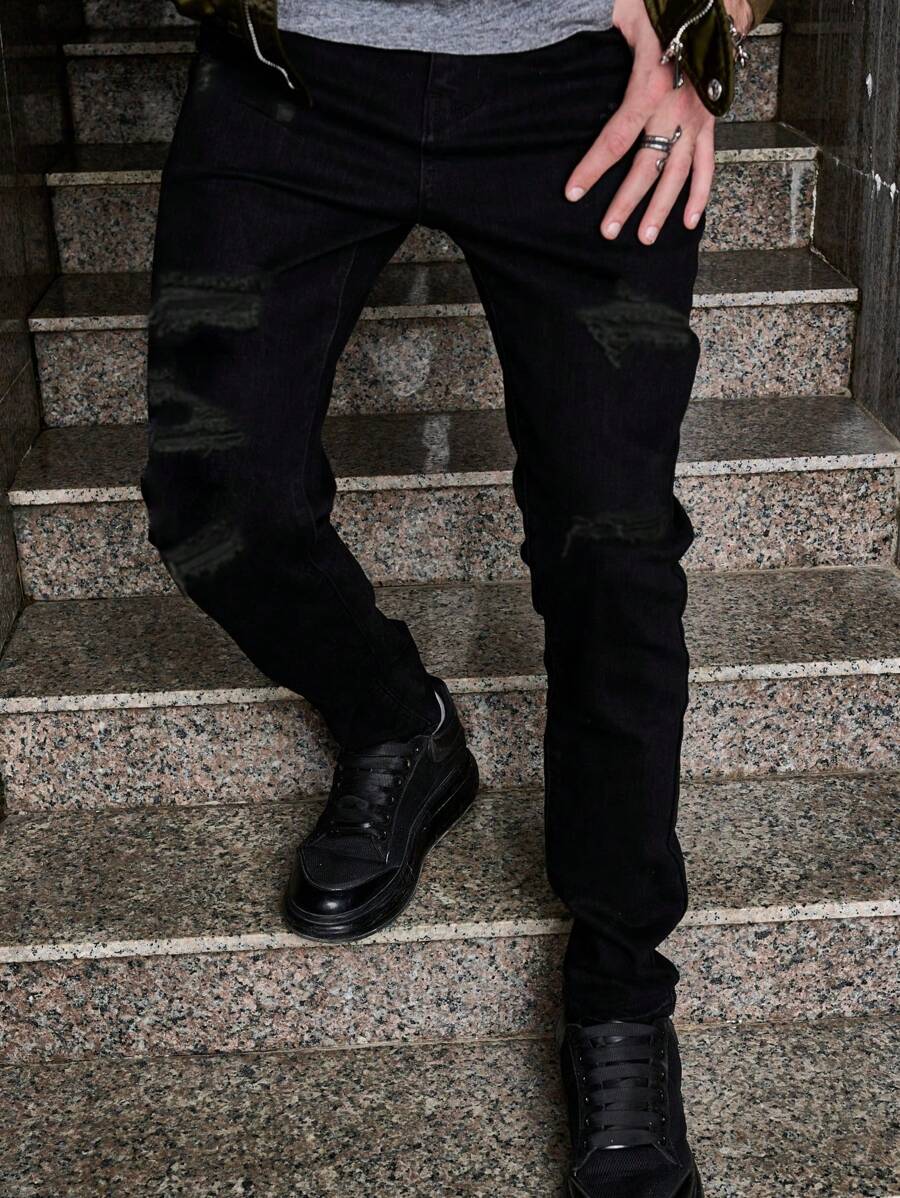 Men's Black Classic Skinny Slim Fit Jeans, Stretchy Ripped Black Denim Pants - Black - View 1