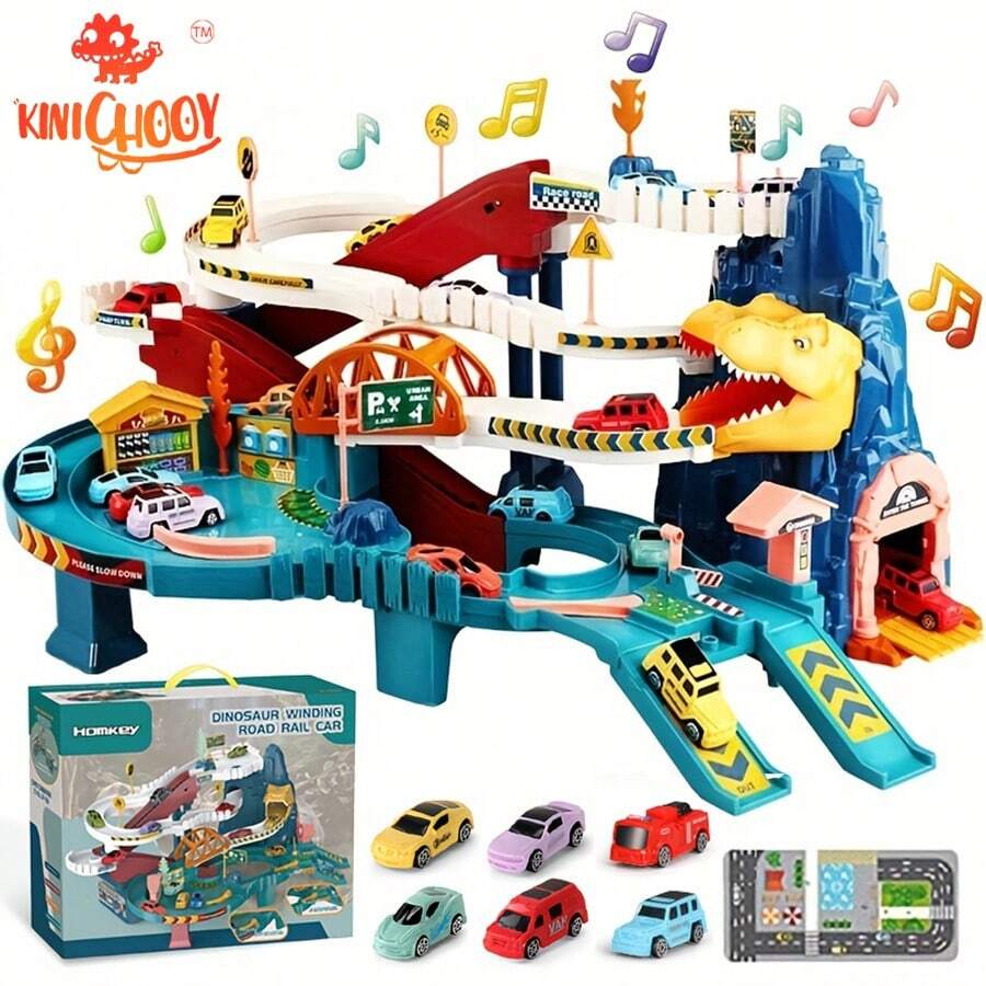 KINICHOOY 玩具车坡道恐龙爬山轨道车彩色车辆建筑玩具套装带赛车和轨道适合学龄前儿童礼物适合 3 岁及以上儿童（恐龙山）、汽车、汽车轨道、火车套装 - 黃色 - 查看 1
