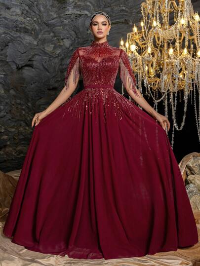  Faeriesty Abaya High-Neck Beaded Tassel Evening Gown With Voluminous Skirt | Stand-Up Collar Formal Dress | Fall-Winter Elegance For Galas, Weddings, Red Carpet, Holiday Events