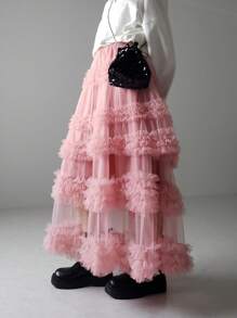 Women's Tulle A-Line Long Skirt High Waist Sheer Mesh Tiered Ruffled Skirt For Summer Spring For Beach Club Party - 藕色 - 查看 2