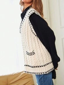 Pull sans manches en maille col V pour femmes, design twist bicolore, décontracté et confortable, printemps/automne - Beige - Voir 3