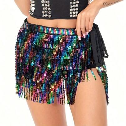 1pc Women Fringe Mini Dance Skirt, Music Festival Party Club Waist Wrap Skirt, Shiny Performance Wrap Skirt, Suitable For Dance Performance, Holiday Party, Etc.