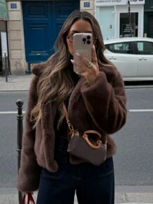 HH Women Casual Cropped Faux Fur Lapel Jacket Winter Fashion Shaggy Long Sleeve Warm Coat With Pockets - màu nâu - Xem 2