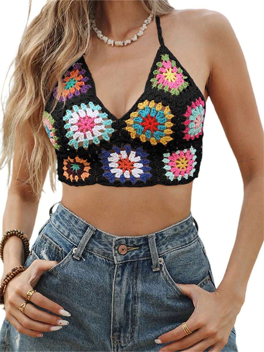 Womens Knit Cami Tops Sleeveless Tie Halter Neck Crochet Floral Camisole Tops Summer Shirts - Black - View 1