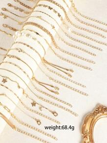 19pcs/1pc Elegant Faux Pearl Butterfly & Star Charm Golden Color Bracelet Set, Suitable For Women Daily Wear, Holiday Gift, Party - Yellow Gold - View 3