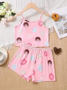 Young Girls Sweet Casual 2 Pieces Set, Donut Print Camisole Top And Donut Print Shorts