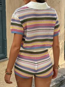 Conjunto de 2 piezas de mujer con cárdigan de manga corta a rayas y un solo botón y shorts de punto. Estilo vacacional, para otoño/invierno.