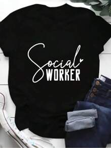 Women's Social Worker Graphic T-Shirt, Crew Neck, Short Sleeve, Loose Fit, Soft Knit Fabric, All Seasons Casual, Polyester