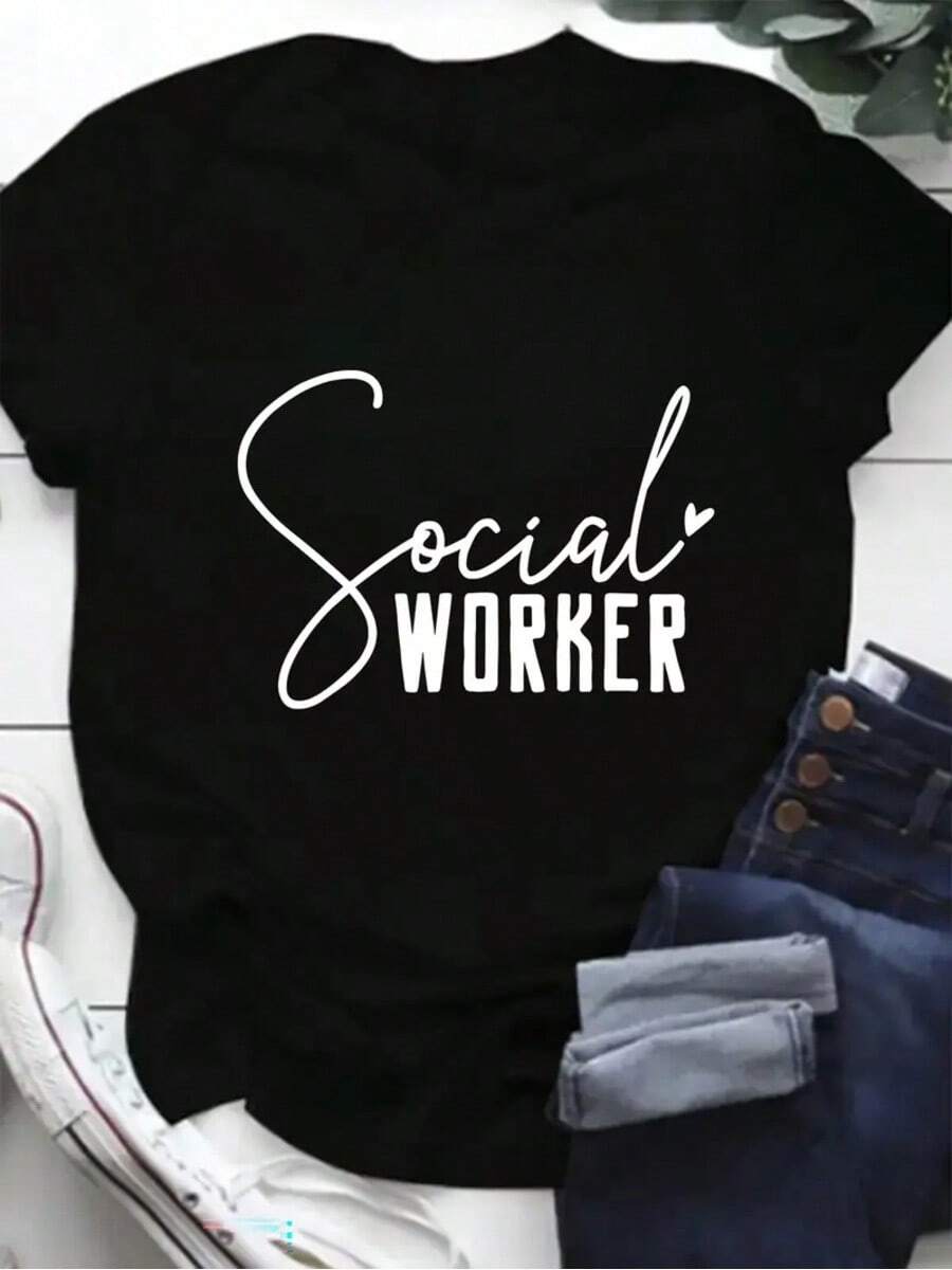 Women's Social Worker Graphic T-Shirt, Crew Neck, Short Sleeve, Loose Fit, Soft Knit Fabric, All Seasons Casual, Polyester