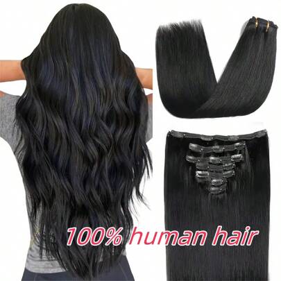 7pcs LuxeHair Remy Human Hair Clip-In Extensions, Straight Black, Fashionable Clip Extensions For Women, Soft And Natural Hairpieces