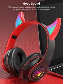 Auriculares diadema con cuernos de diablo inalámbricos iluminados, auriculares plegables de graves intensos - Negro - Negro - Ver 6