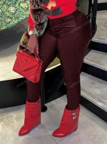 Apperloth A Rave Solid High Waist Slant Pockets PU Leather Party Skinny Pants
