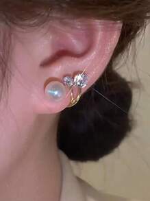 topshiny 1 对简约韩国时尚优雅钻石和珍珠耳钉，适合派对和日常佩戴 - 彩色 - 查看 2