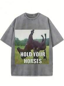 1 Piece, 230g Washed T-Shirt, Fun Horse Riding Printed T-Shirt, Seasonal Casual Chaoliu Recreation Men's T-Shirt, Round Neck High Street Pure Cotton - Dark Grey - View 1