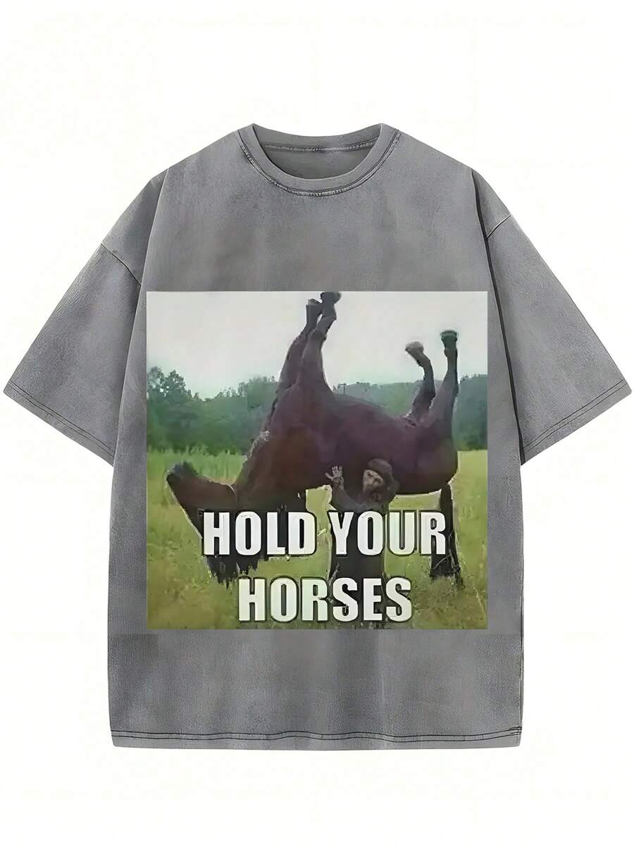 1 Piece, 230g Washed T-Shirt, Fun Horse Riding Printed T-Shirt, Seasonal Casual Chaoliu Recreation Men's T-Shirt, Round Neck High Street Pure Cotton - Dark Grey - View 1