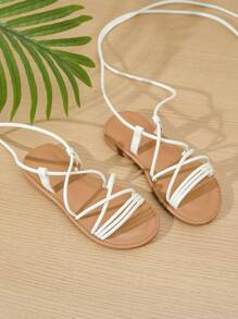 1 par de sandalias de playa con atadura para niñas, para primavera/verano - Blanco - Ver 5