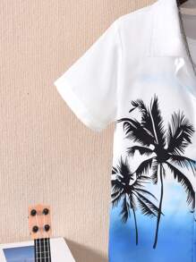 Vihyde 3pcs Set Tween Boy Tropical Coconut Tree Print Short Sleeve Shirt + Shorts + Bucket Hat - Royal Blue - View 4