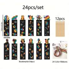 Set de 12/24/48 piezas para hacer marcadores de libros estilo arcoíris - kit de manualidades para crear marcadores personalizados con 4 estilos, cintas de satén, herramientas de rascado y pintura DIY para obsequios de fiesta, actividades en el aula y decoración de regalos, obsequios para fiestas infantiles, artículos para fiestas infantiles, actividades escolares - Multicolor - Ver 12