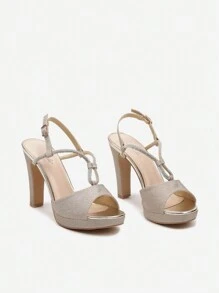 女士简约水晶装饰休闲百搭高跟鞋时尚高跟鞋夏季女式凉鞋 - 金色 - 查看 5