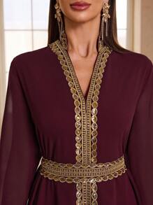YISIKADO Vestido de noche estilo árabe para mujer, vestido largo con cinturón, cuello alto, mangas largas, de chifón y encaje bordado, ideal para fiestas, invitada de boda y eventos formales