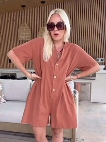 Rompers For Women 2024 Casual Summer Oversized Tee Rompers Shorts Jumpsuits - Rust Brown - View 5