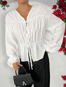 Women's Elegant Ruched Bowknot Solid Color Shacket, Fashion For Commuting, Autumn - Beige - View 5