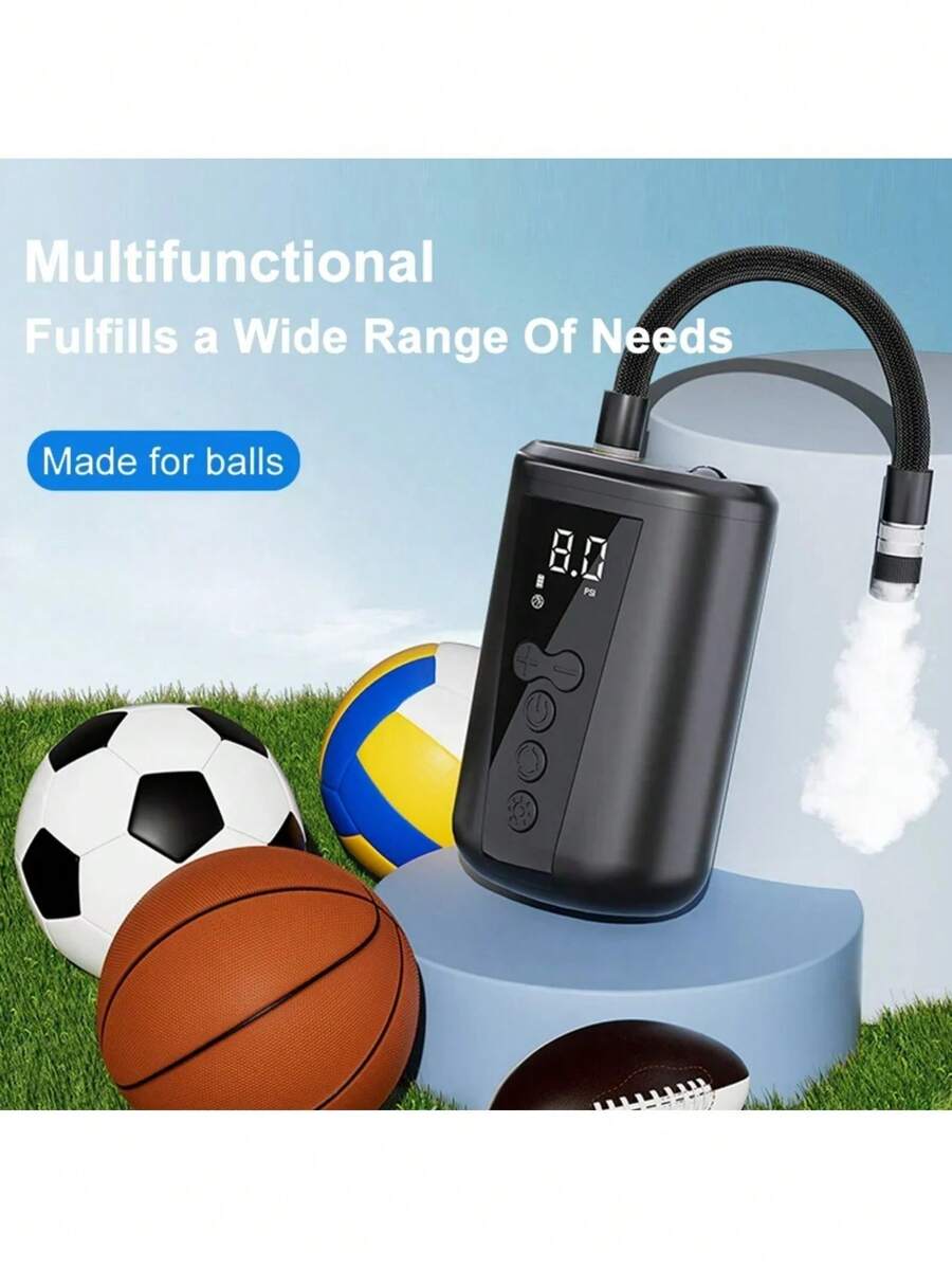 Portable Ball Pump With Rechargeable Battery And LED Light. Electric Air Pump Kit Includes Needle, Nozzle, And Hose. Suitable For Soccer Balls, Basketballs, Volleyballs, Water Polo Balls, Footballs, Fitness Balls, Balloons, And Inflatable Toys. 3.7V 2000mah Lithium-Ion Battery. - Black - View 1
