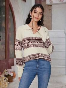 Women's New Style Diamond Jacquard Knit Polo Sweater - Beige - View 6