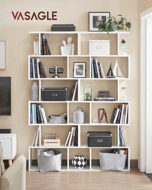 VASAGLE Scaffale a 6 Ripiani, Libreria, Divisorio per Stanza, Organizzatore Autoportante a Cubi, Stile Moderno, per Soggiorno, Camera da Letto, Ufficio, Bianco