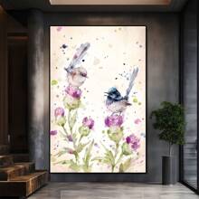 Two Birds On Flowers With Watercolor Effect Large Wooden Framed Wall Art Home Decor Canvas Painting- For Bedroom, Bathroom, Living Room, Office, Kitchen, Holiday Gift- 1pc