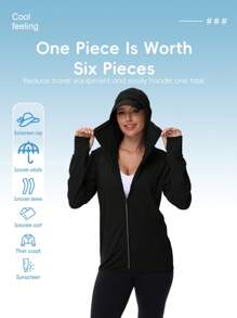 女士 UPF 50+ 轻便透气夹克，防晒户外钓鱼连帽衫，夏季 - 黑色 - 查看 3