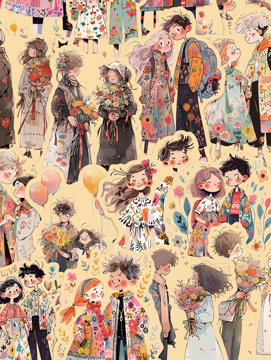 50 件情侣涂鸦贴纸装饰适用于冰箱、书桌、笔记本电脑、手机壳、平板电脑、行李箱、笔记本 - 彩色 - 查看 1