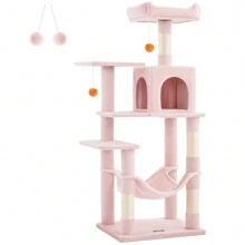 Feandrea Cat Tree, 143 Cm Cat Tower For Indoor Cats, Multi-Level Plush Cat Condo With 4 Scratching Posts, 2 Perches, Cave, Hammock, Pompoms, Jelly Pink
