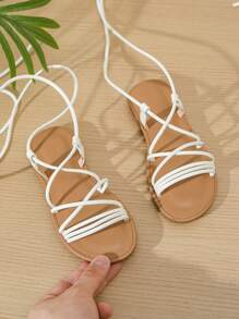 1 par de sandalias de playa con atadura para niñas, para primavera/verano - Blanco - Ver 1