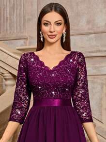 MIUSOL Elegant V-Neck Sequin Floral Lace Ruched Chiffon 3/4 Sleeve Evening Party Long Dress