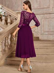 MIUSOL Elegant V-Neck Sequin Floral Lace Ruched Chiffon 3/4 Sleeve Evening Party Long Dress