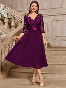 MIUSOL Elegant V-Neck Sequin Floral Lace Ruched Chiffon 3/4 Sleeve Evening Party Long Dress