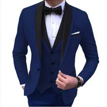 Officeau 男士修身披肩领单排扣西装三件套，包括外套、马甲和裤子，新郎婚礼礼服及伴郎正式着装，春夏皆宜 - 藏蓝色 - 查看 6