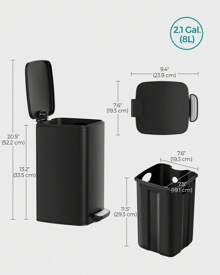 SONGMICS Bathroom Bin, 8L Small Bin, Pedal Toilet Bin For Small Spaces, Soft-Close Lid, Steel, Black
