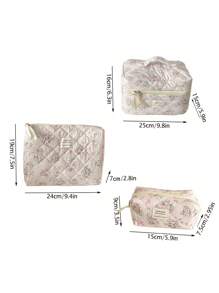 Vb1Pc/Set Flower Bouquet Pattern Pink Makeup Bags Cosmetic Bag Quilted Makeup Bag Pencil Case Wallet Purse Zipper Multi-Functional Storage - Multicolor - View 11