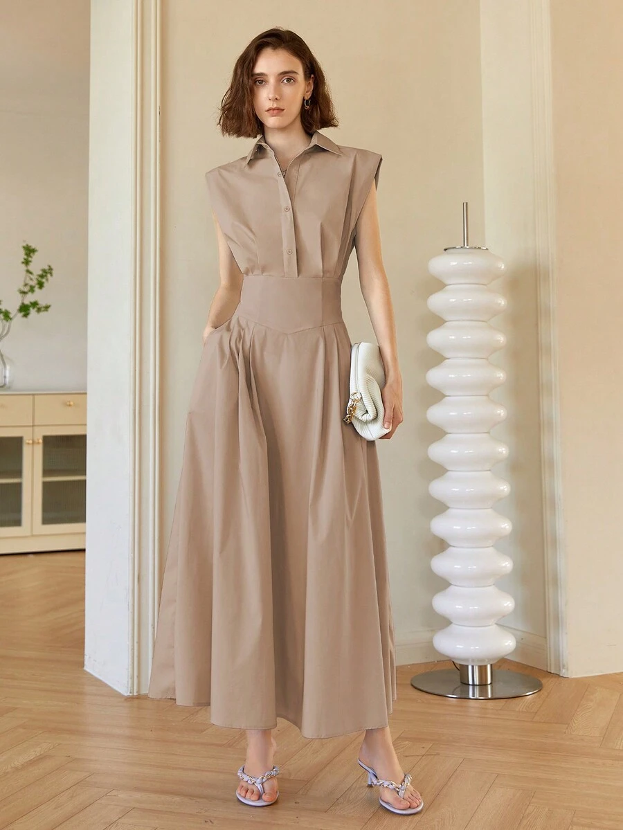 Vestido midi elegante de unicolor sin mangas para mujer, vestido con cuello estilo "Old Money", vestido elegante de primavera/verano, atuendos de verano para mujer, graduación, baile de graduación, casual de negocios - Caqui - Ver 1