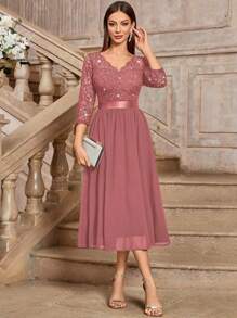 MIUSOL Elegant V-Neck Sequin Floral Lace Ruched Chiffon 3/4 Sleeve Evening Party Long Dress