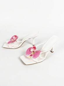 春夏优雅方头露趾高跟凉鞋，粉色3D立体花朵装饰细高跟凉鞋，适合户外旅行和派对穿着 - 白色 - 查看 5