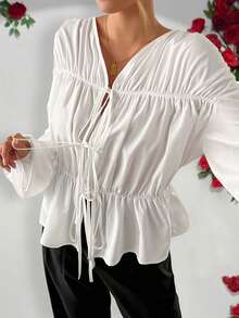 Women's Elegant Ruched Bowknot Solid Color Shacket, Fashion For Commuting, Autumn - Beige - View 1