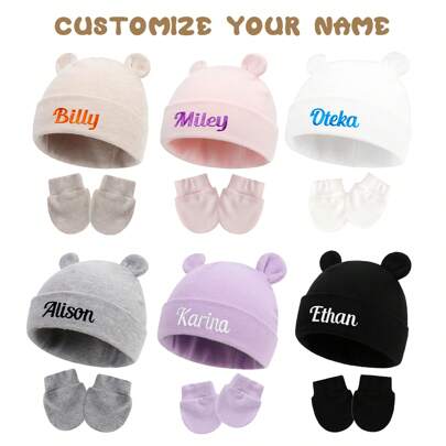 2 Stücke personalisierte kleine Bärenmütze, personalisierte bestickte Neugeborenen Krankenhausmütze, Bärenmütze und Handschuhe für Jungen und Mädchen, personalisierte Geschenke für Mädchen/Männer, Babygeschenke, süßer Baby Geburtstag, für Kindertag