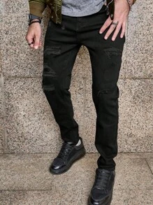 Men's Black Classic Skinny Slim Fit Jeans, Stretchy Ripped Black Denim Pants - Black - View 2