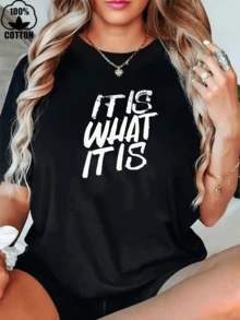 Happy Valentine'S Day Women's IT IS WHAT IT IS English Letter T-Shirt, Women's 220g Round Neck Casual Heavy Pure Cotton T-Shirt (1 PC) - Black - View 1