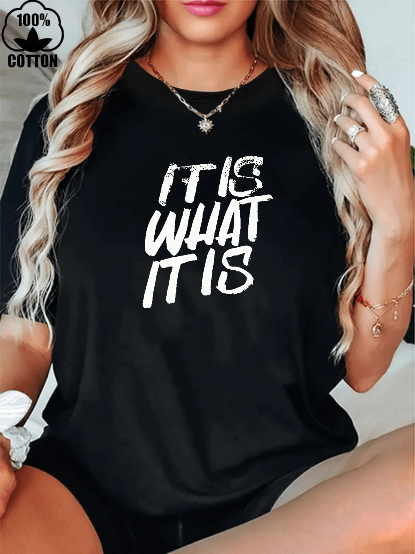 Happy Valentine'S Day Women's IT IS WHAT IT IS English Letter T-Shirt, Women's 220g Round Neck Casual Heavy Pure Cotton T-Shirt (1 PC) - Black - View 1